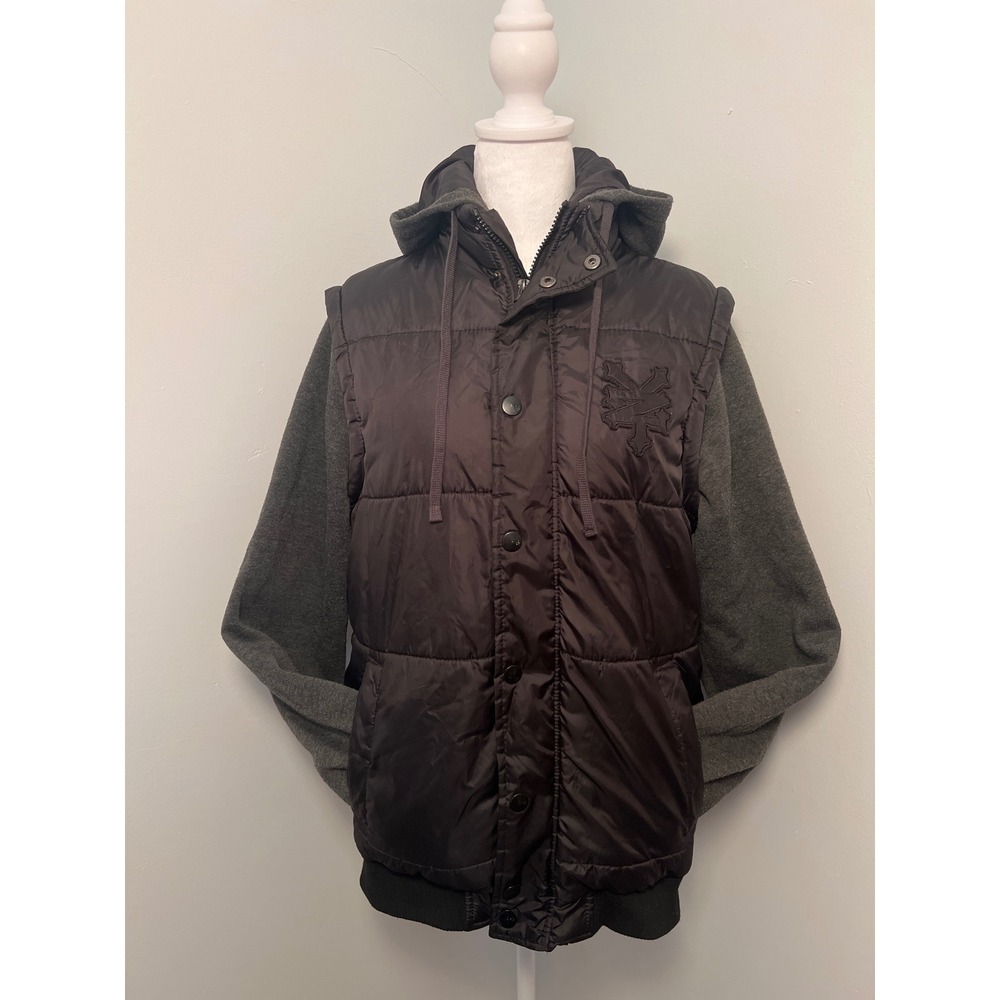Zoo‎ York Mens Puffer Jacket Mixed Media Hooded Quilted Coat Black Grey Small